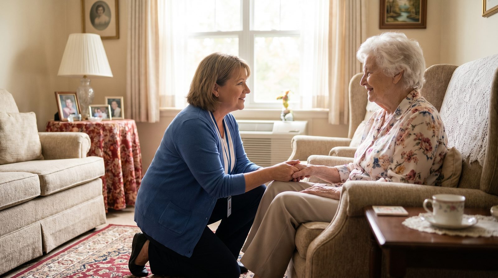 Personal support worker kneeling at eye level and gently holding the hand of a smiling senior with dementia in a calm, sunlit long-term care room