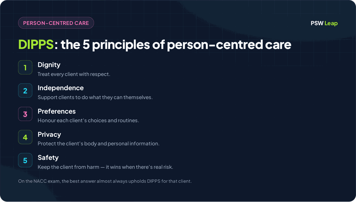The five DIPPS principles of person-centred PSW care: Dignity, Independence, Preferences, Privacy, and Safety