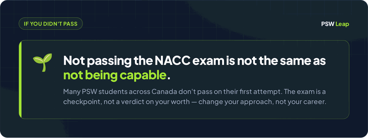 Encouraging reminder for PSW students who failed the NACC exam that not passing is not the same as not being capable, and the exam is a checkpoint rather than a verdict