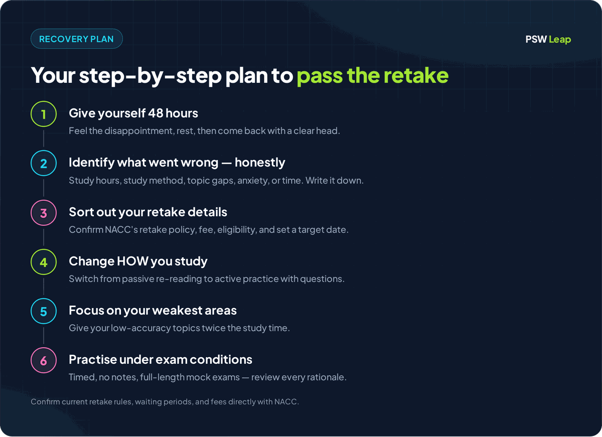 Six-step recovery plan for retaking the NACC PSW exam: take 48 hours, identify what went wrong, sort out retake details, change how you study, focus on weak areas, and practise under exam conditions