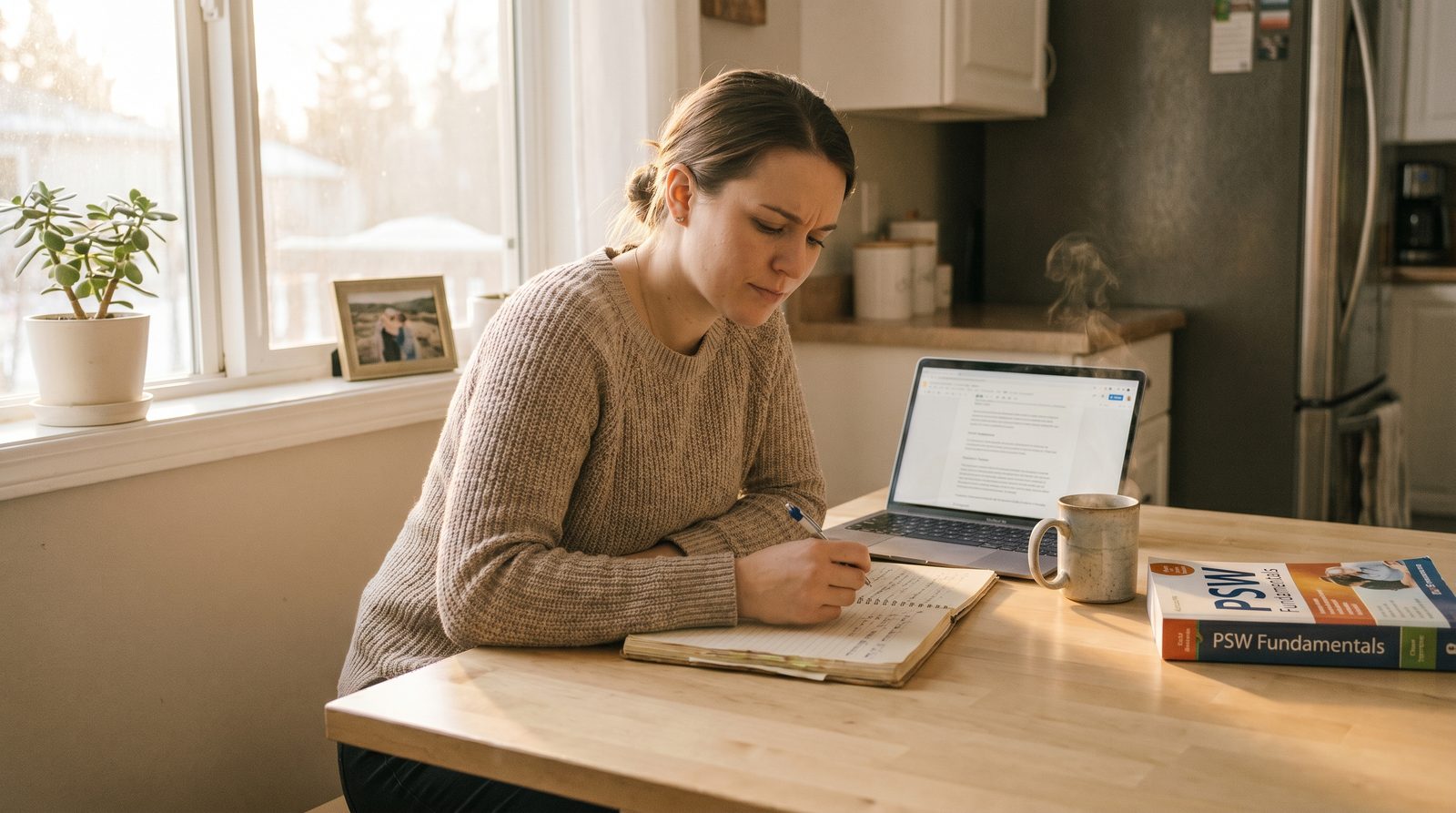 PSW student studying again with quiet determination at a kitchen table, laptop and notes open, after deciding to retake the NACC PSW exam