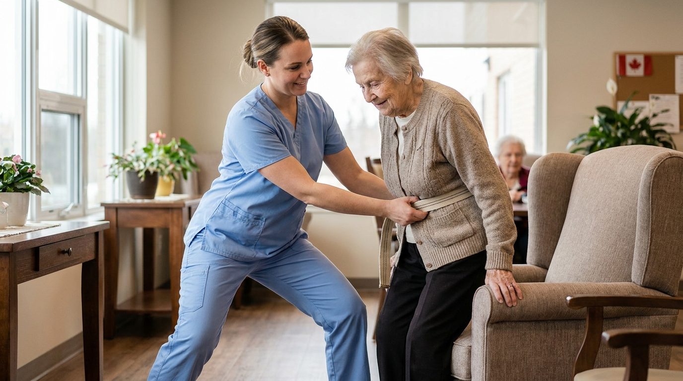Personal support worker using a gait belt and proper body mechanics to safely help an elderly client stand and transfer in an Ontario care home