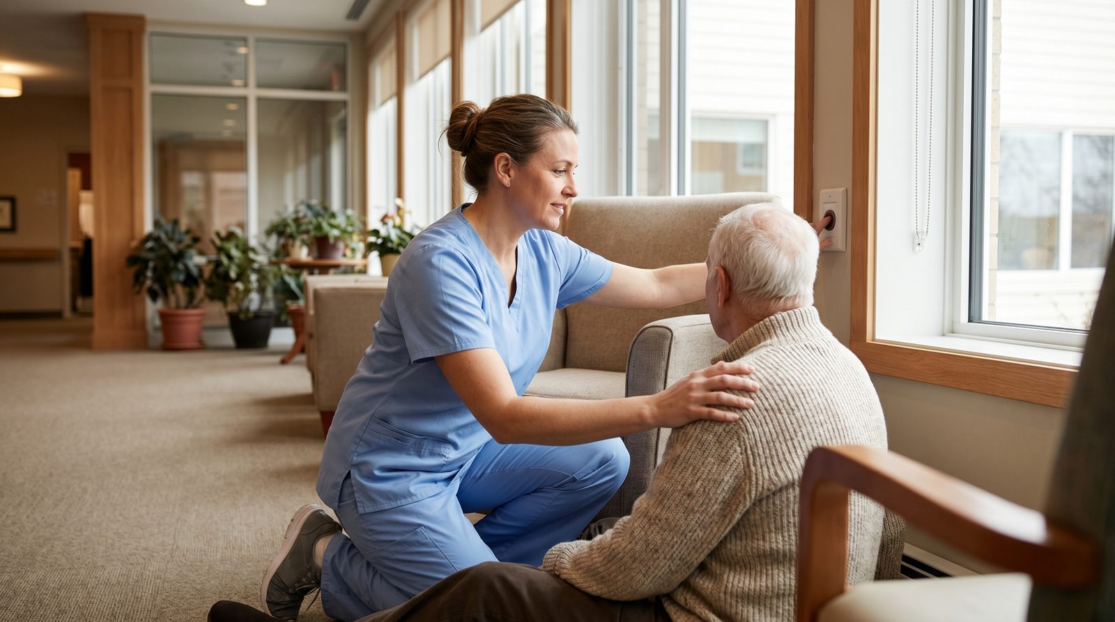 Personal support worker calmly kneeling beside an elderly client who has lowered to the floor, reaching for the call bell during a medical emergency in an Ontario care home