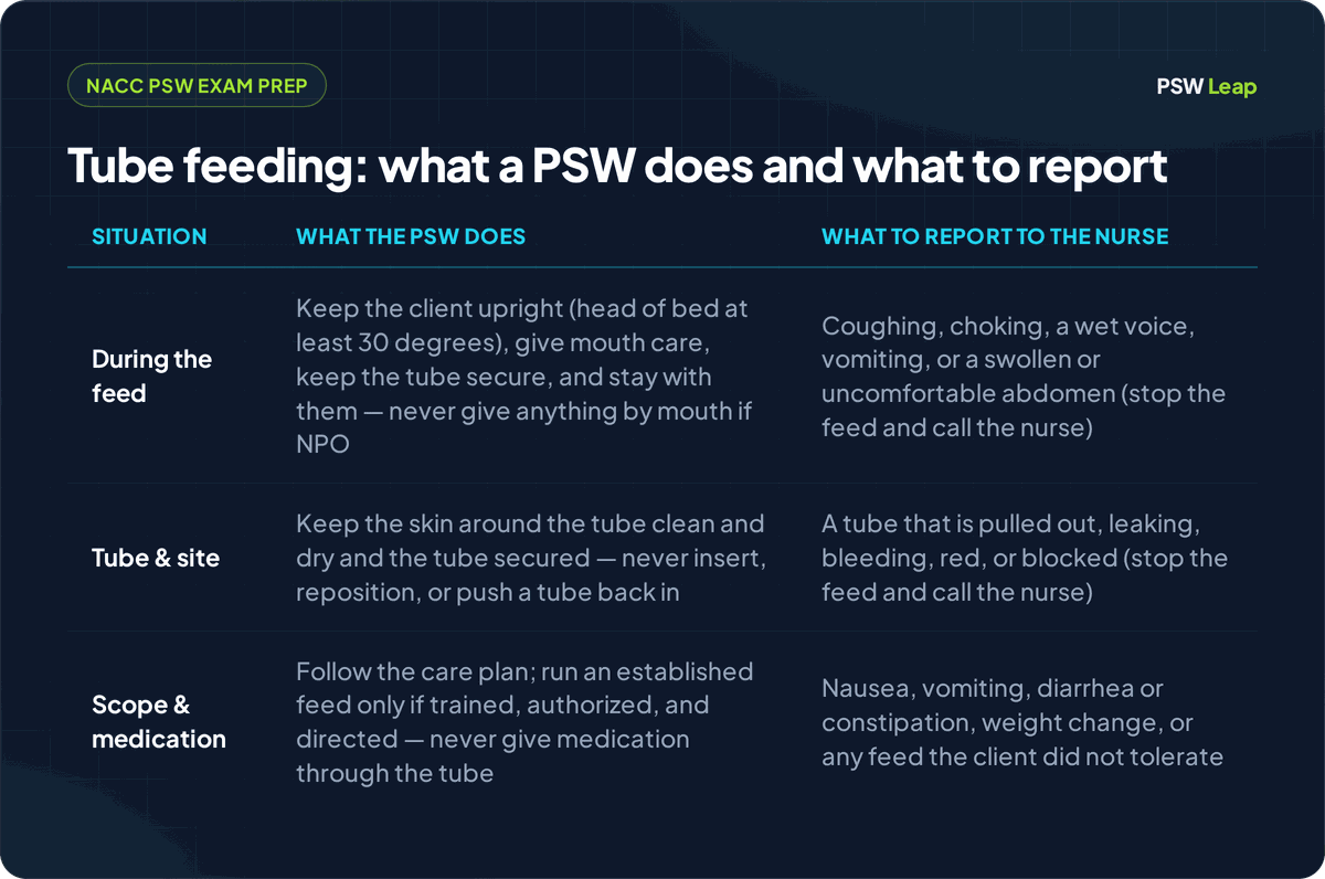 A three-row table for the NACC PSW exam on tube feeding and enteral nutrition: during the feed (keep the client upright with the head of the bed raised at least 30 degrees, give mouth care, keep the tube secure, and stay with them, and never give anything by mouth if the client is NPO; report coughing, choking, a wet voice, vomiting, or a swollen or uncomfortable abdomen, and stop the feed); tube and site (keep the skin around the tube clean and dry and the tube secured, and never insert, reposition, or push a tube back in; report a tube that is pulled out, leaking, bleeding, red, or blocked, and stop the feed and call the nurse); and scope and medication (follow the care plan and run an established feed only if trained, authorized, and directed, and never give medication through the tube or insert the tube; report nausea, vomiting, diarrhea or constipation, weight change, or any feed the client did not tolerate). The PSW supports and reports; the PSW does not insert the tube, give anything by mouth when NPO, or put medication down the tube.