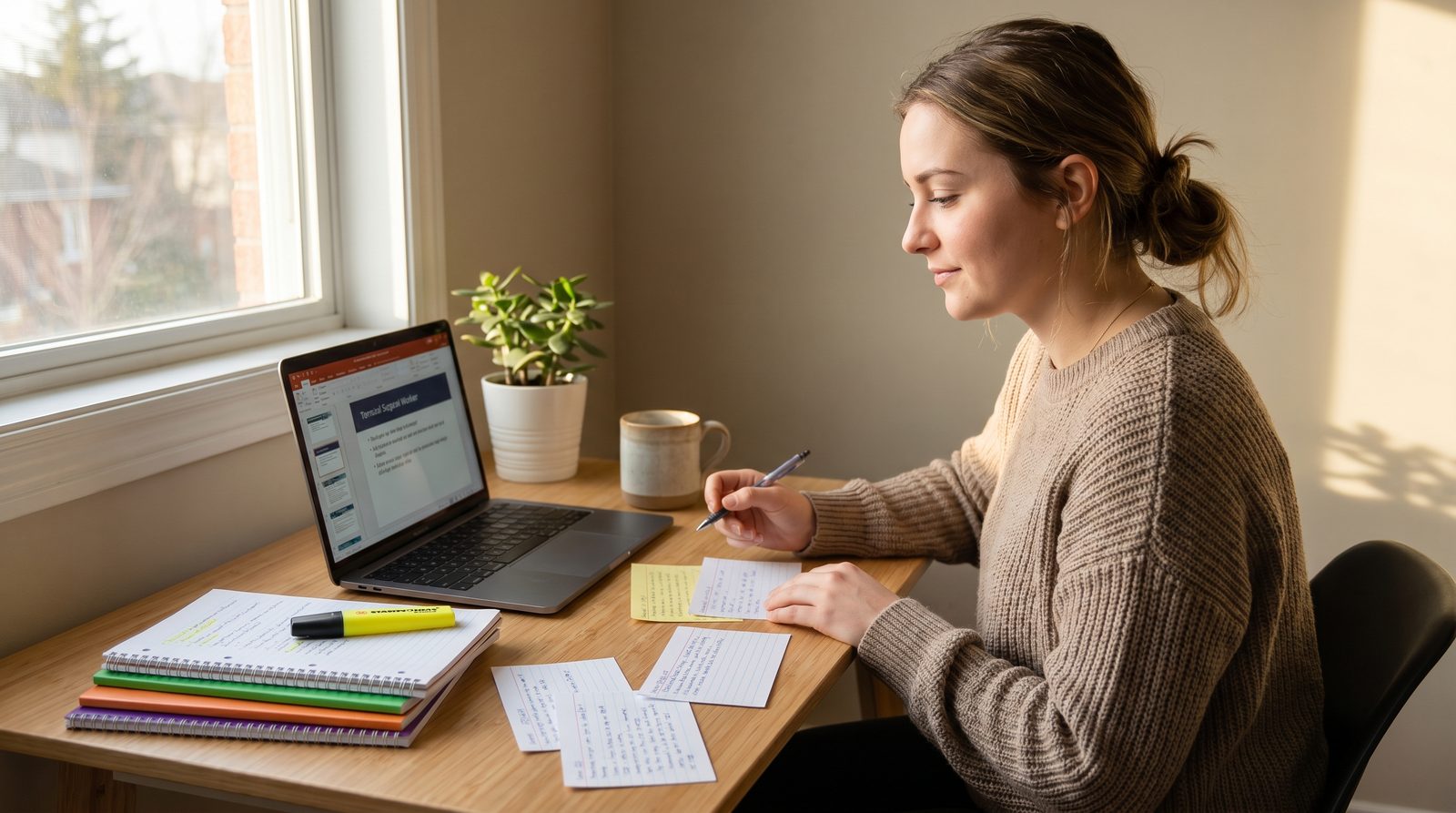 Focused PSW student studying for the NACC exam with a laptop and notes, confident and prepared for exam day