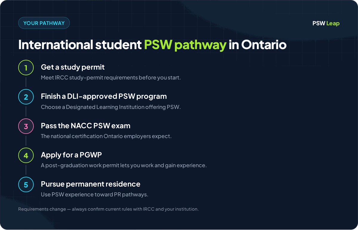 Pathway for international students becoming PSWs in Ontario: study permit, DLI-approved PSW program, NACC certification exam, post-graduation work permit, and permanent residence