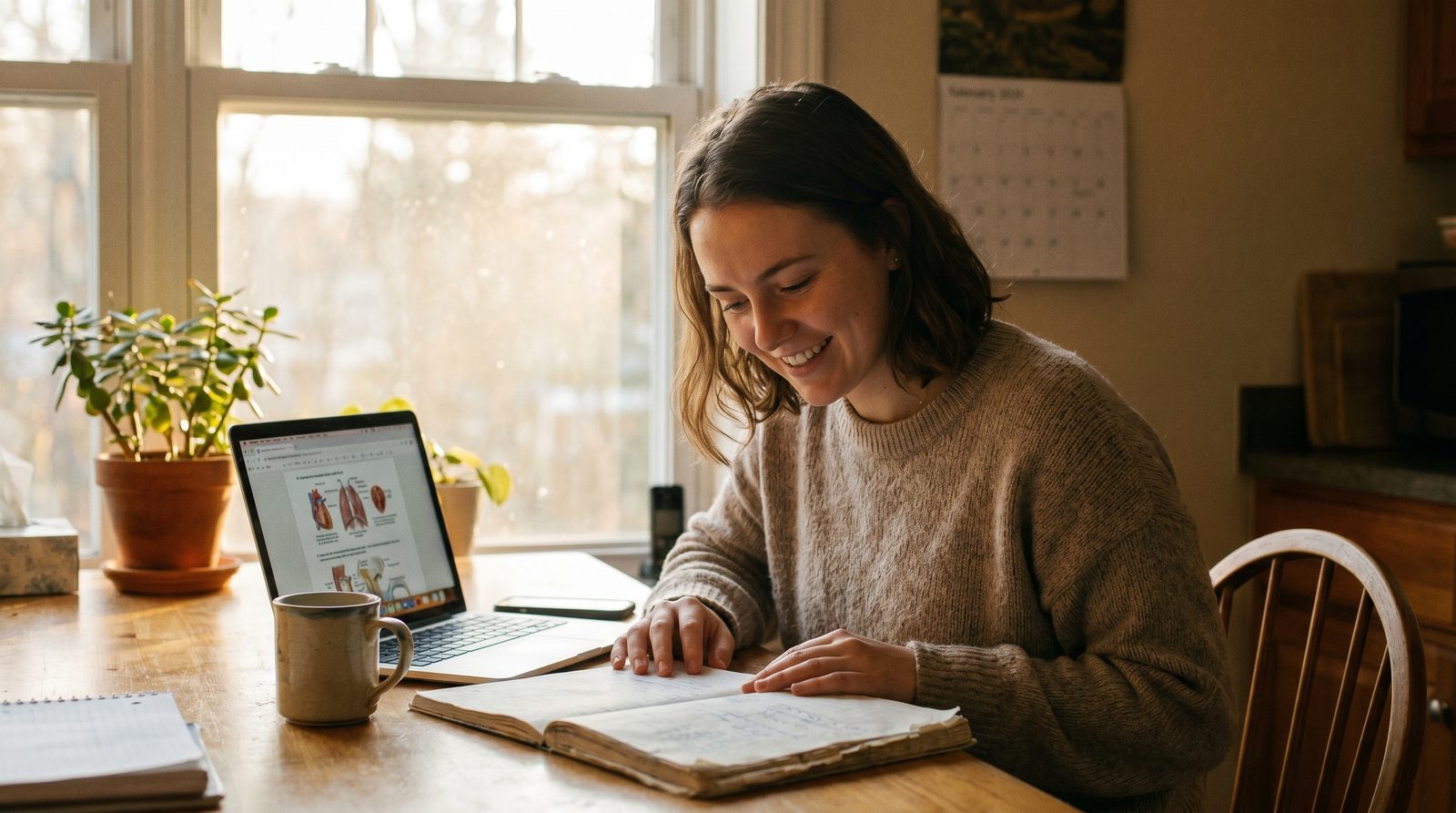 Hopeful Ontario personal support worker student studying NACC PSW exam prep materials on a laptop at a bright kitchen table