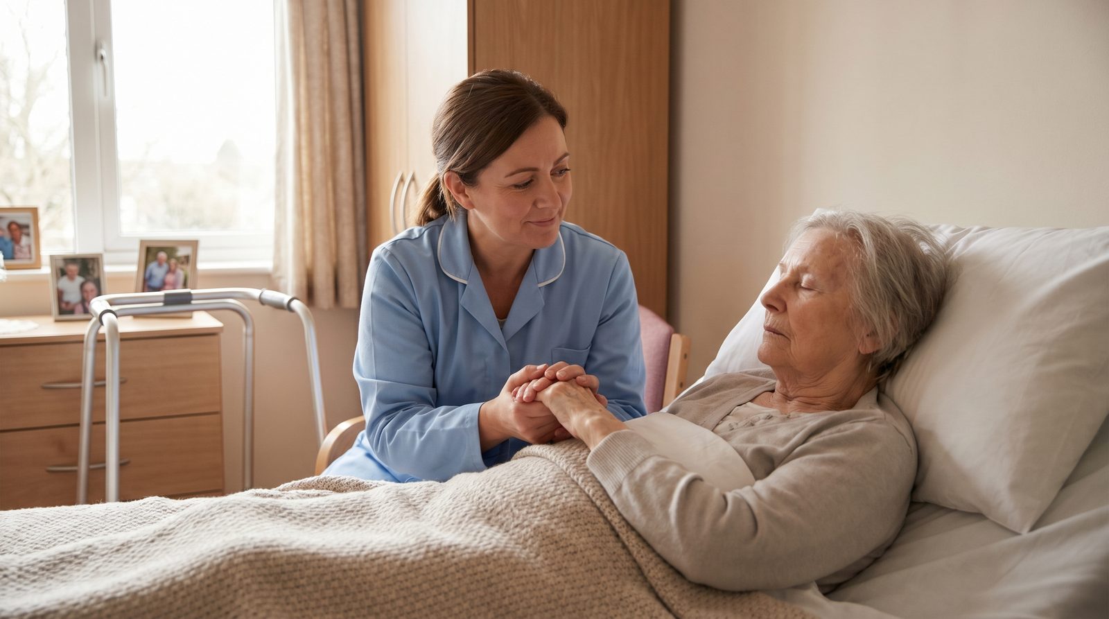 Personal support worker gently holding the hand of a frail elderly client resting in bed, providing calm, dignified comfort during palliative end-of-life care