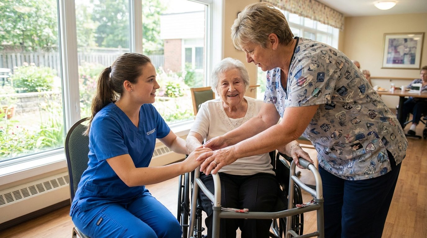 PSW student in scrubs learning from an experienced preceptor while gently assisting an elderly resident during a clinical placement in an Ontario long-term care home