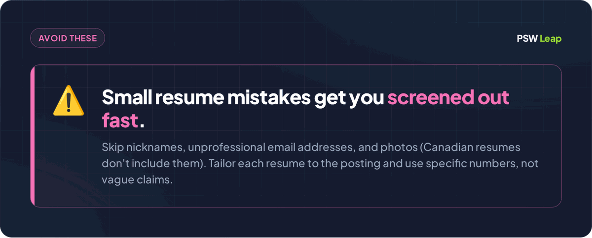 Callout warning PSW job seekers to avoid common resume mistakes such as unprofessional email addresses, nicknames, and adding a photo, which Canadian resumes do not include