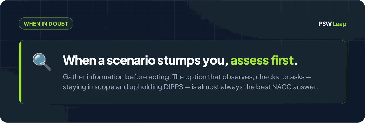 NACC scenario question tip to assess first by gathering information before acting, choosing the in-scope option that observes, checks, or asks