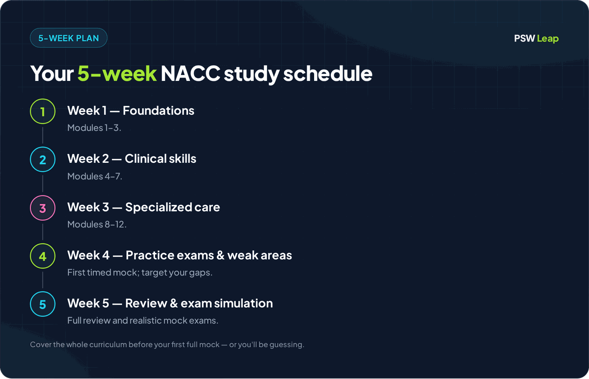 A five-week NACC PSW study schedule: foundations (modules 1-3), clinical skills (modules 4-7), specialized care (modules 8-12), practice exams with weak-area targeting, and a final week of review and exam simulation